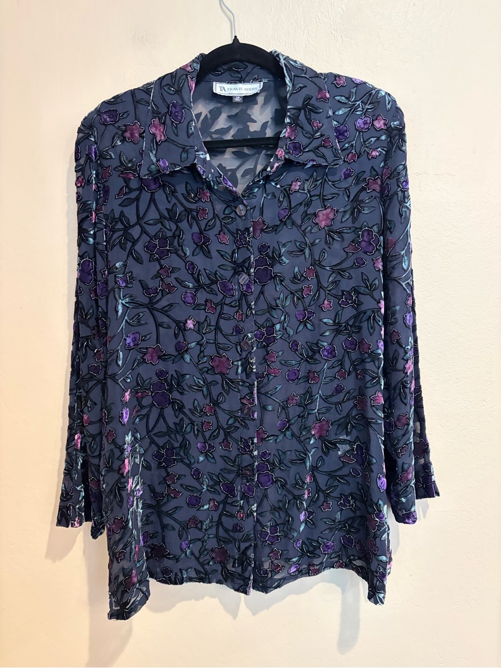 Travis Ayers 80s-90s Crushed Floral Velvet Button Up Blouse, Dark Whimsy